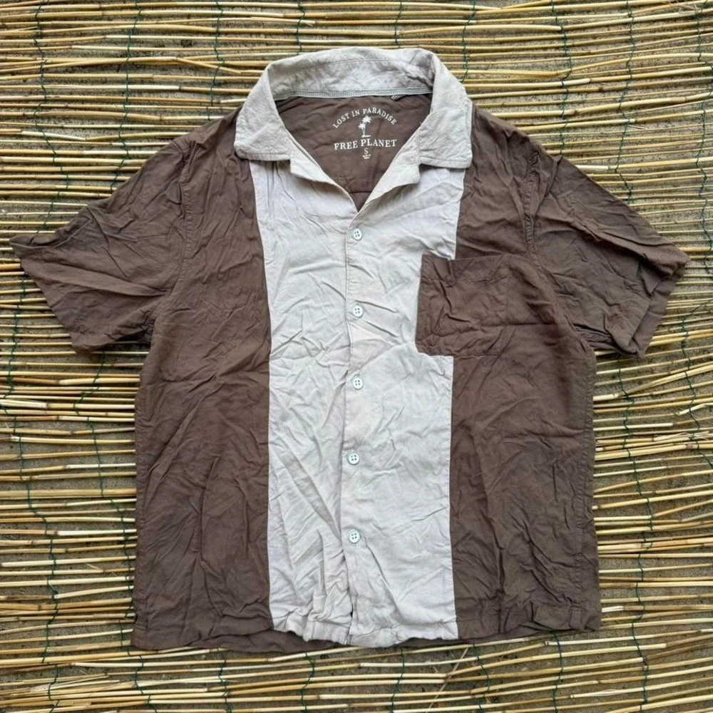 Free Planet Bowling Shirt Mens Size Small Brown Beige Colorblock‎ Short Sleeve